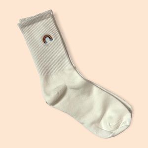 Novelty Crew Socks White Ribbed With Embroidered Rainbow On Ankle